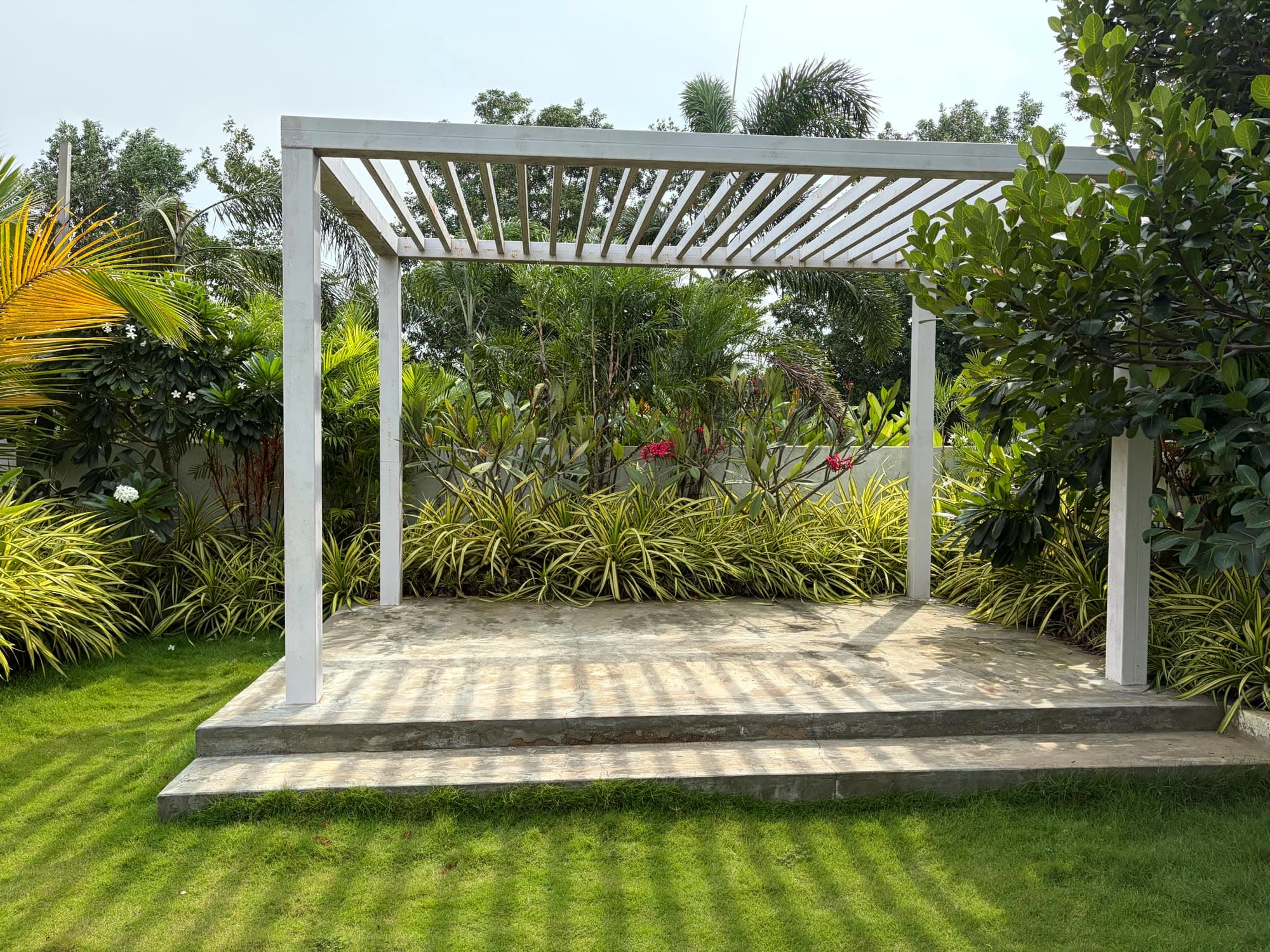 The pergola's paved deck surrounded by planting